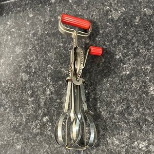 Vintage Stainless Steel Hand Mixer with Red Handle